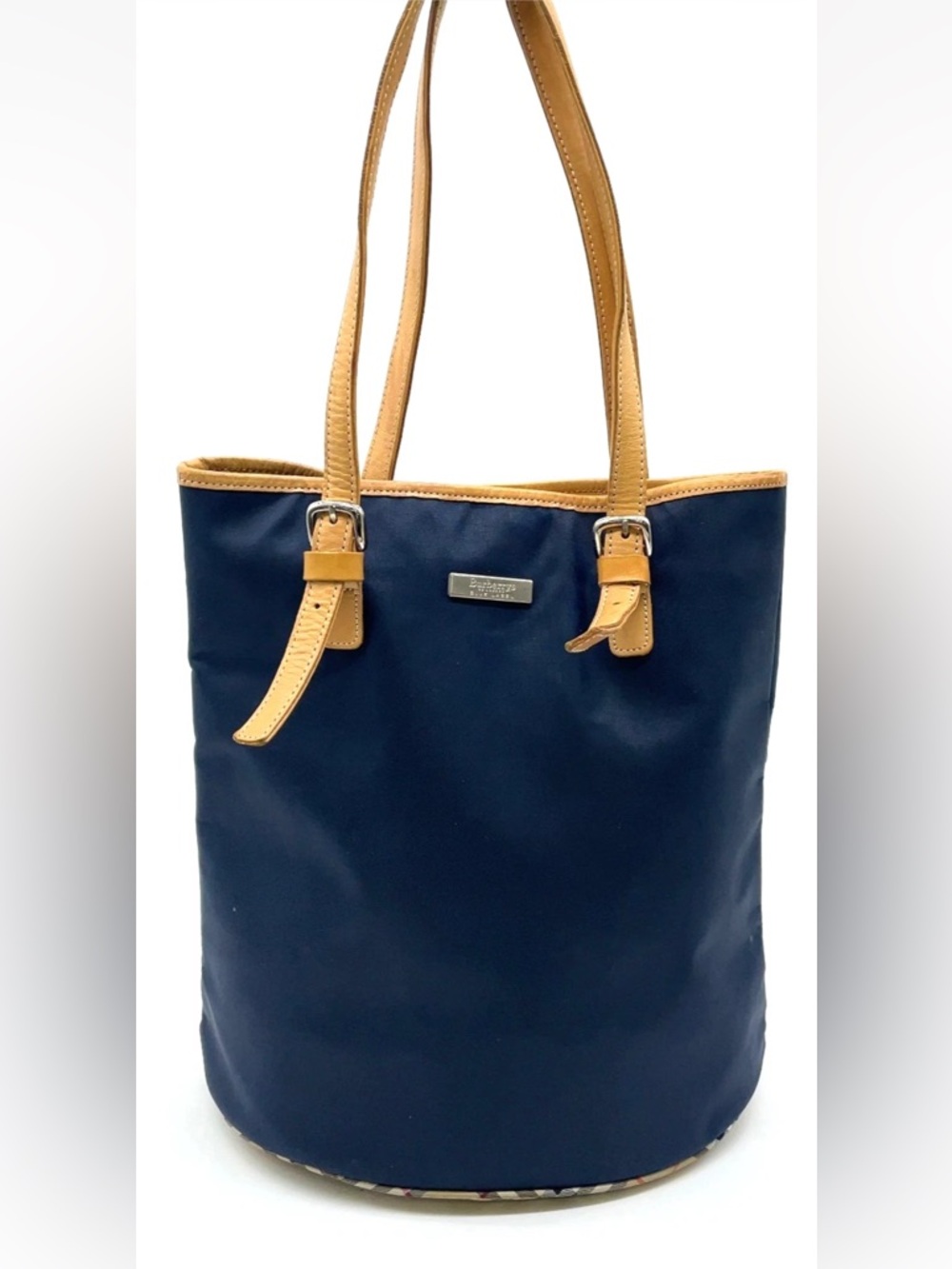 Burberry Navy Bucket Tote with Tan Trim